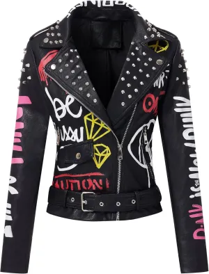 RISISSIDA Women Faux Leather Jacket Studded Rivet Spring Fall Winter Fashion, Moto Biker Trendy Clothes Streetwear Belted
