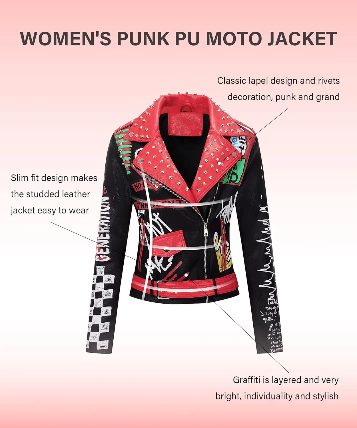 RISISSIDA Women Faux Leather Jacket Studded Rivet Spring Fall Winter Fashion, Moto Biker Trendy Clothes Streetwear Belted
