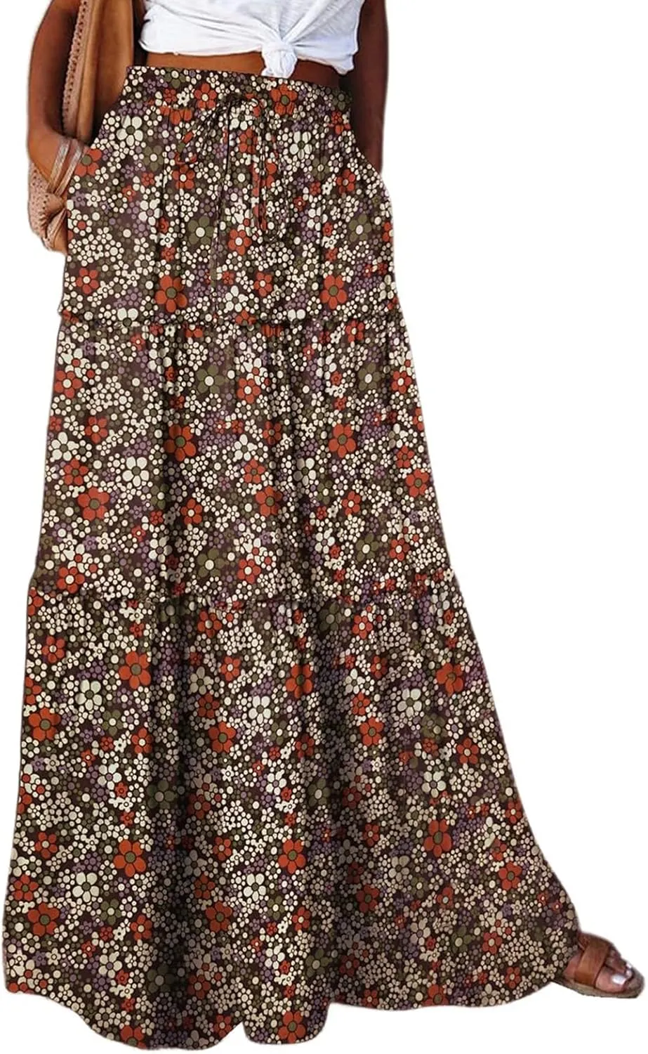 Ruffle Maxi Skirt for Women Summer Drawstring Elastic Aline Skirt Elegant Tiered Pleated Skirts Long with Pockets