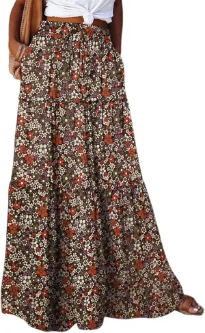 Ruffle Maxi Skirt for Women Summer Drawstring Elastic Aline Skirt Elegant Tiered Pleated Skirts Long with Pockets