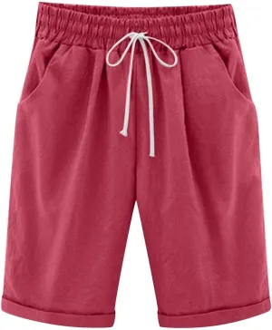 Rvidbe Bermuda Shorts for Women Knee Length High Waisted Casual Trendy Loose Fit Elastic Waist Cotton Linen Shorts Pockets Womens Bermuda Shorts Denim Shorts for Women Trendy