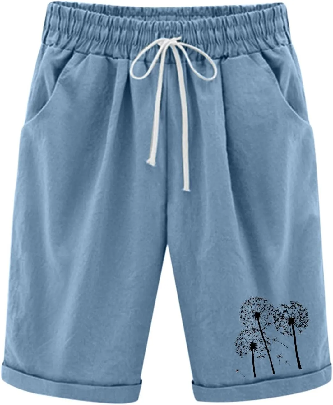 Rvidbe Bermuda Shorts for Women Knee Length High Waisted Trendy Casual Lightweight Elastic Waist Cotton Linen Shorts Pockets Womens Knee Length Shorts Denim Bermuda Shorts for Women 7 Inch Inseam