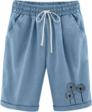 Rvidbe Bermuda Shorts for Women Knee Length High Waisted Trendy Casual Lightweight Elastic Waist Cotton Linen Shorts Pockets Womens Knee Length Shorts Denim Bermuda Shorts for Women 7 Inch Inseam