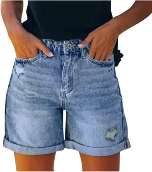 Rvidbe Womens Jean Shorts Juniors Casual Summer Mid Waisted Stretchy Rolled Hem Tassels Denim Shorts with Pockets Jean Shorts Womens High Waisted Jean Shorts for Women