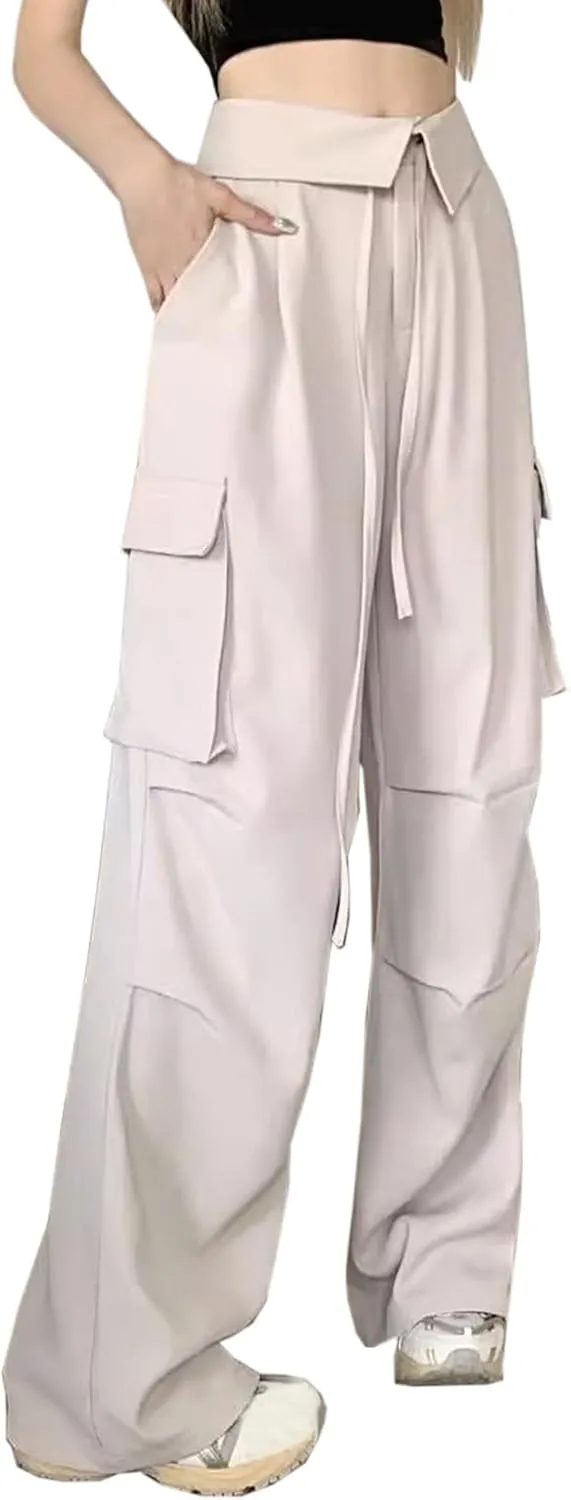 SANGTREE Women's Vintage Cargo Pants Multi-Pocket Loose Wide Leg Casual Pants