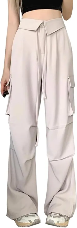 SANGTREE Women's Vintage Cargo Pants Multi-Pocket Loose Wide Leg Casual Pants