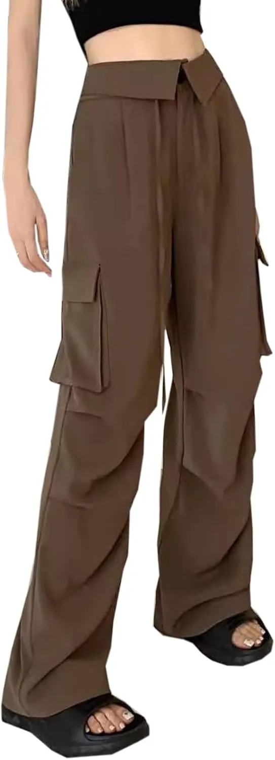 SANGTREE Women's Vintage Cargo Pants Multi-Pocket Loose Wide Leg Casual Pants
