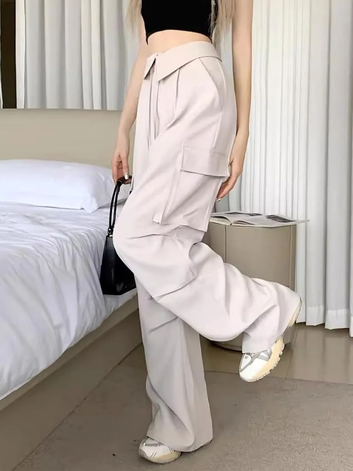 SANGTREE Women's Vintage Cargo Pants Multi-Pocket Loose Wide Leg Casual Pants