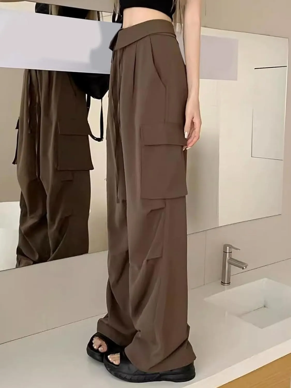 SANGTREE Women's Vintage Cargo Pants Multi-Pocket Loose Wide Leg Casual Pants