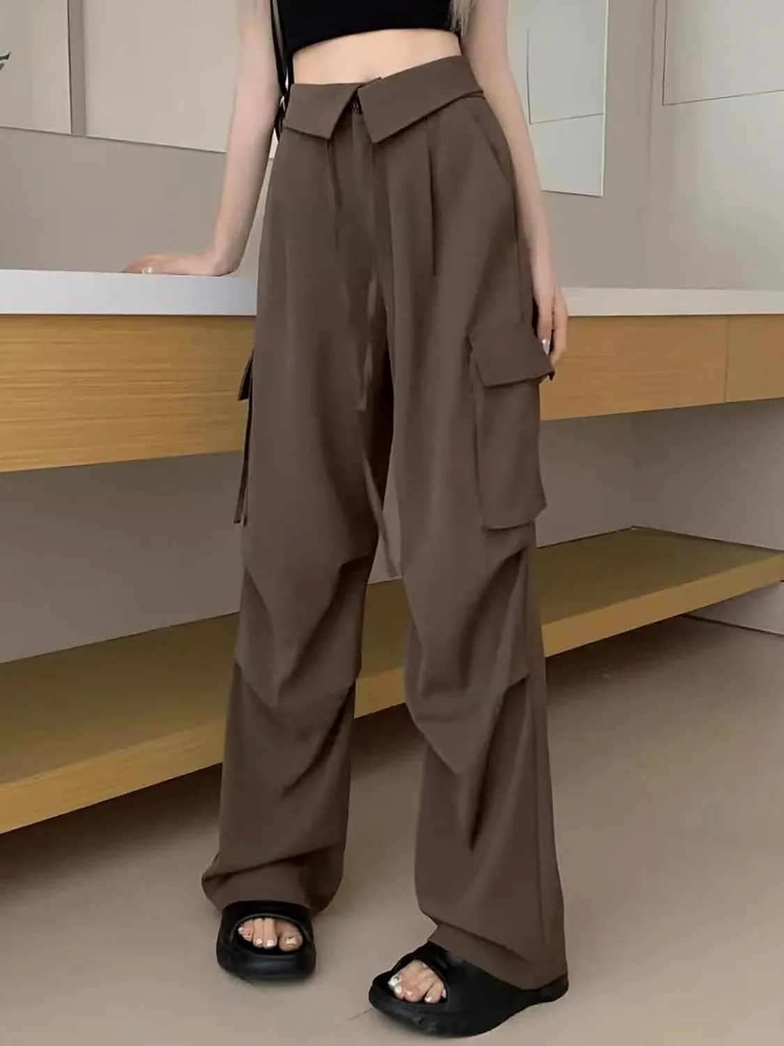 SANGTREE Women's Vintage Cargo Pants Multi-Pocket Loose Wide Leg Casual Pants