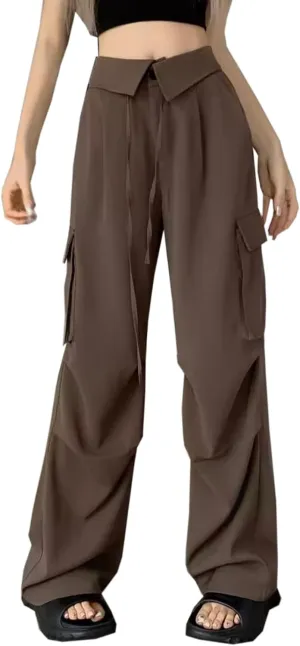 SANGTREE Women's Vintage Cargo Pants Multi-Pocket Loose Wide Leg Casual Pants