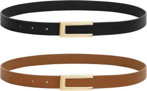 SANSTHS 2 Pack Skinny Leather Belts for Women, Ladies Thin Waist Belt for Dresses Jeans Pants with Gold Buckle
