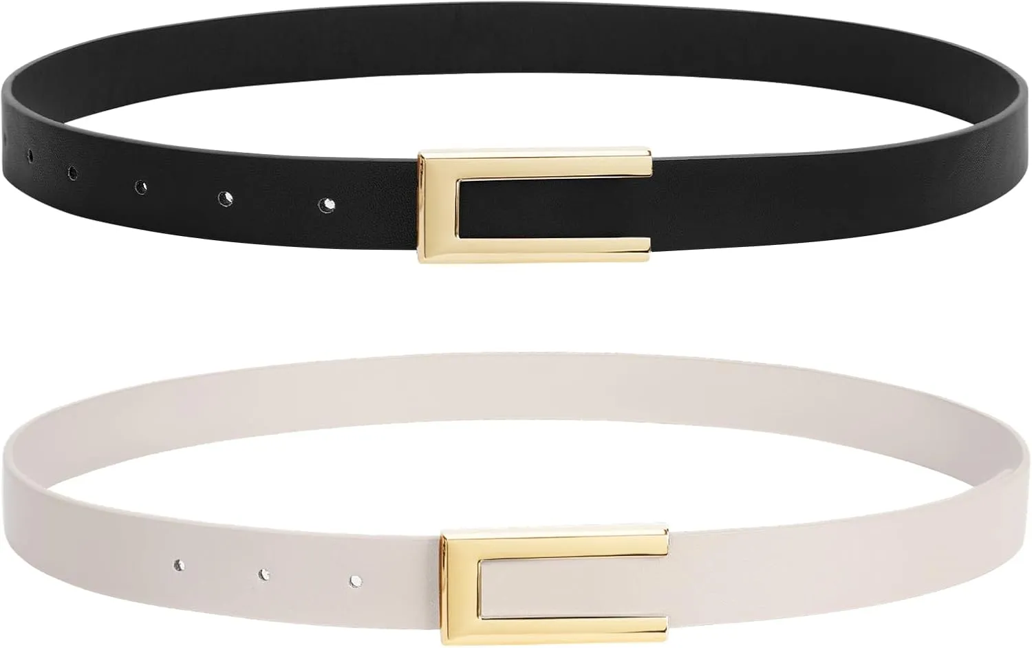 SANSTHS 2 Pack Skinny Leather Belts for Women, Ladies Thin Waist Belt for Dresses Jeans Pants with Gold Buckle