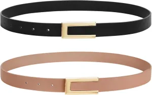 SANSTHS 2 Pack Skinny Leather Belts for Women, Ladies Thin Waist Belt for Dresses Jeans Pants with Gold Buckle