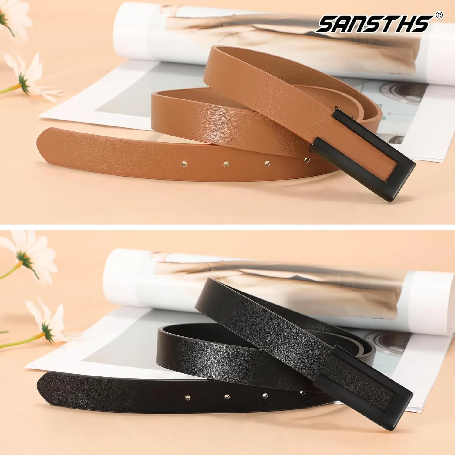 SANSTHS 2 Pack Skinny Leather Belts for Women, Ladies Thin Waist Belt for Dresses Jeans Pants with Gold Buckle