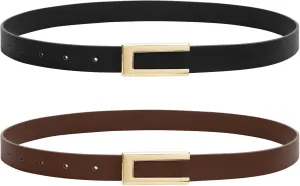 SANSTHS 2 Pack Skinny Leather Belts for Women, Ladies Thin Waist Belt for Dresses Jeans Pants with Gold Buckle