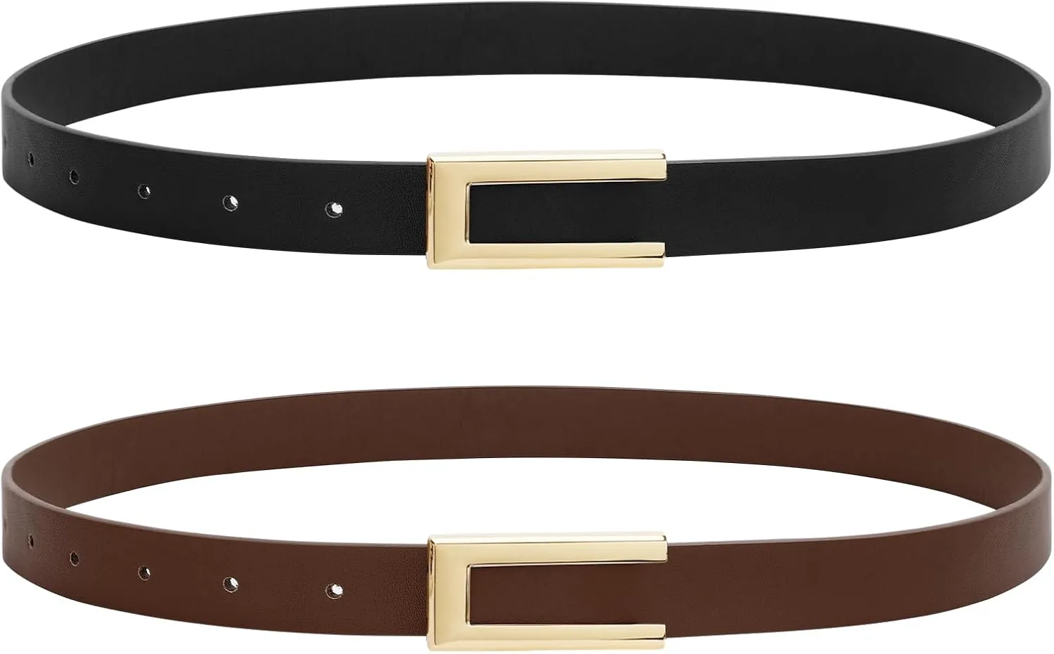 SANSTHS 2 Pack Skinny Leather Belts for Women, Ladies Thin Waist Belt for Dresses Jeans Pants with Gold Buckle
