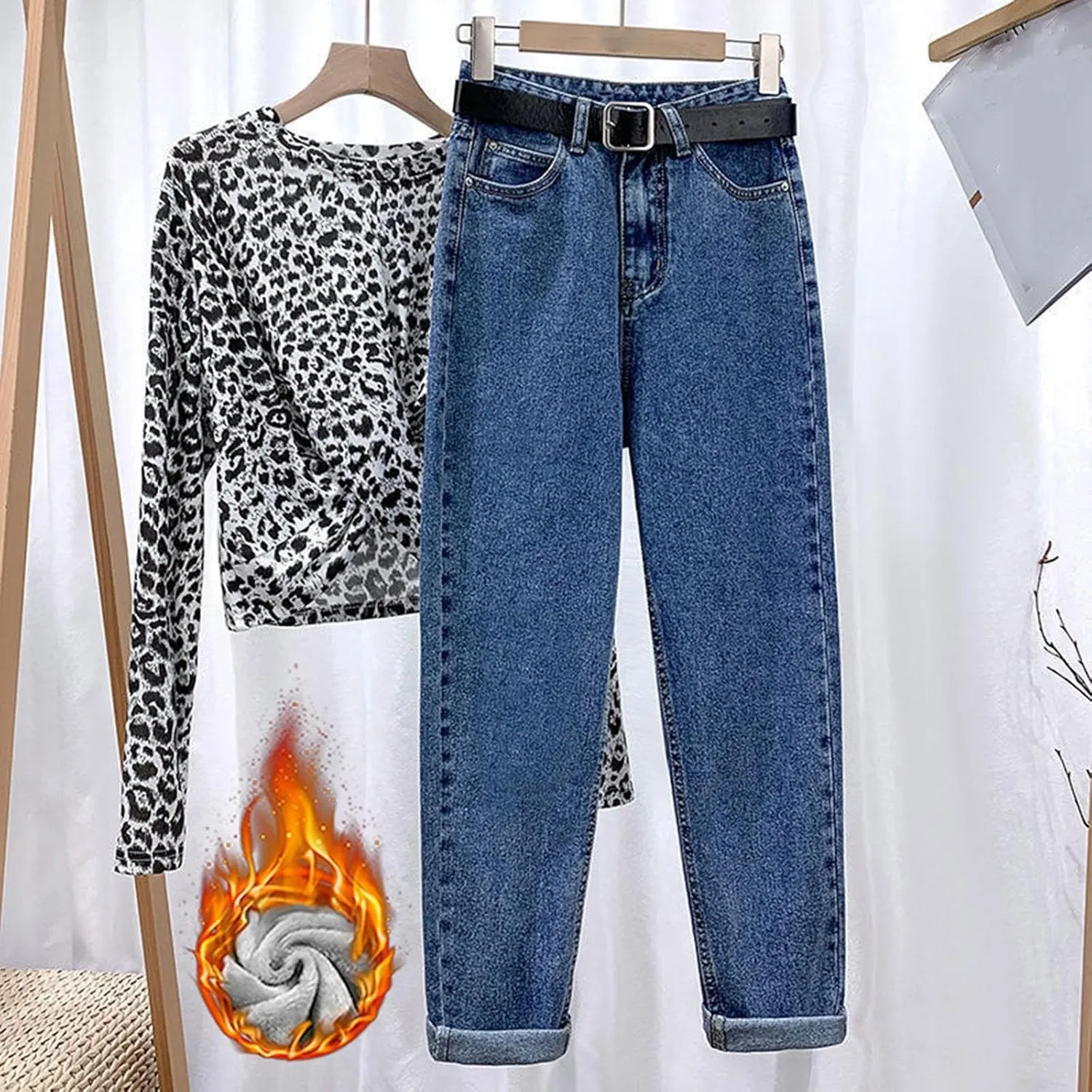 sdbrld Fleece Lined Jeans Women,Womens Fleece Lined Jeans Warm Winter Thermal Jeans Thicken Loose Stretch Denim Pants Tights
