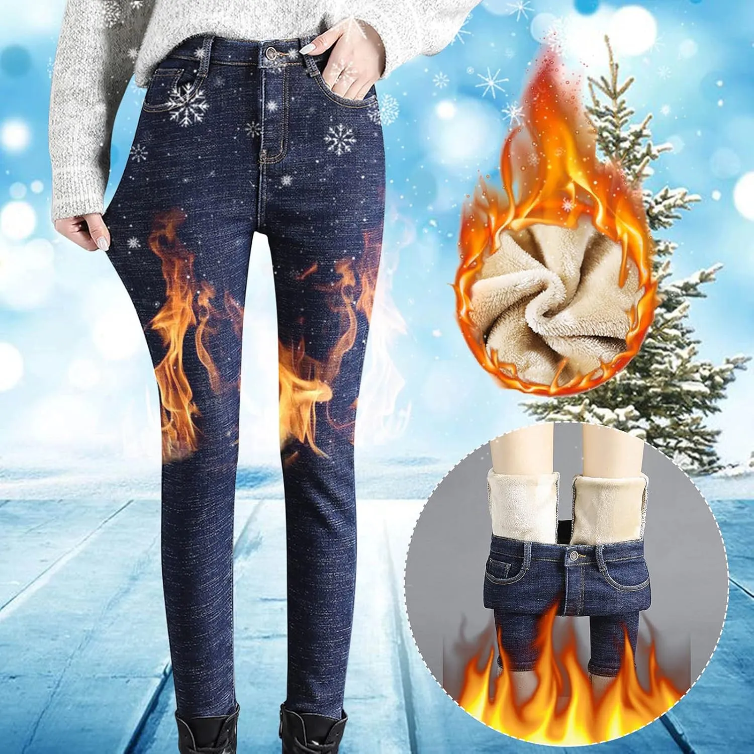sdbrld Fleece Lined Jeans Women,Womens Fleece Lined Jeans Warm Winter Thermal Jeans Thicken Skinny Stretch Denim Pants Tights