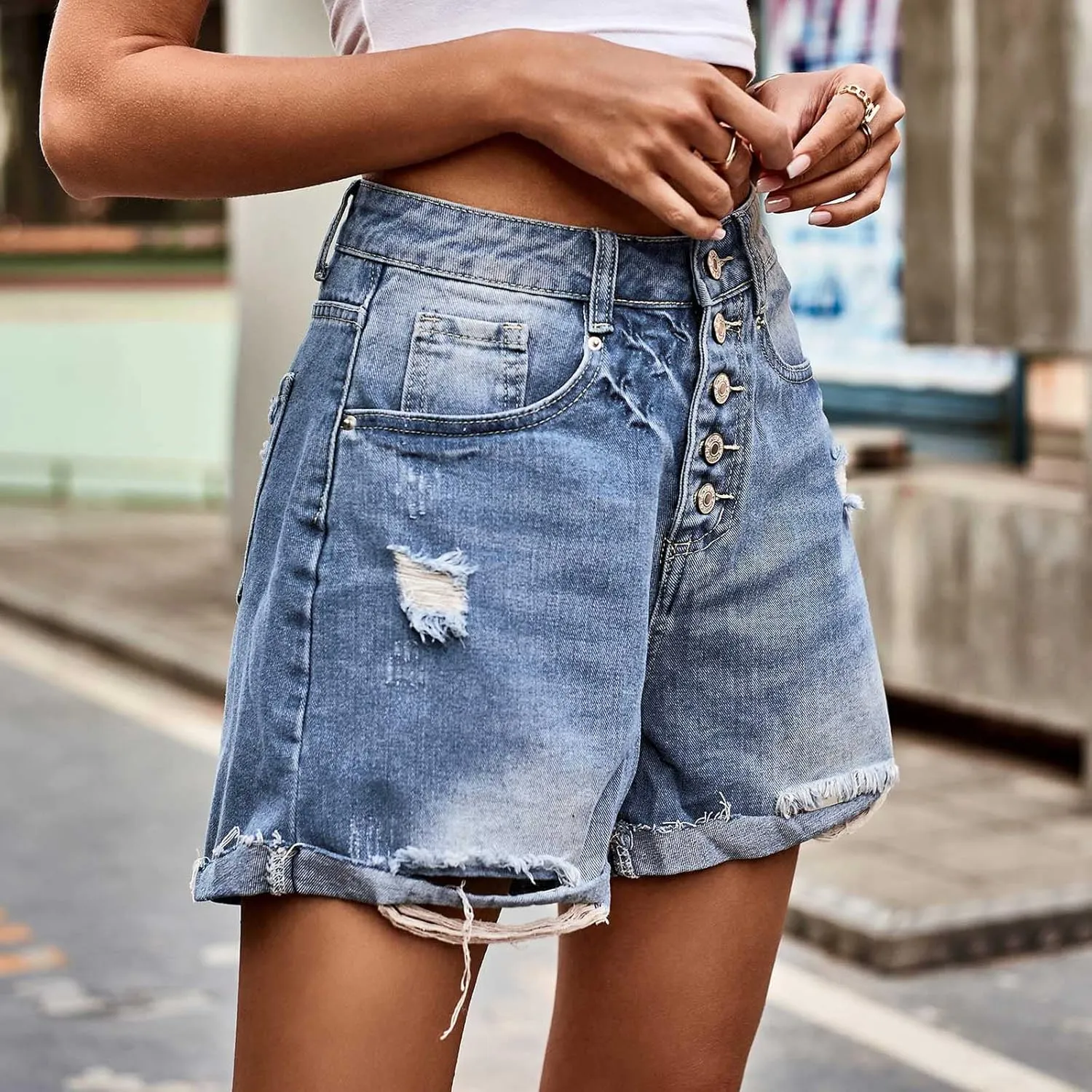 sdbrld Jean Shorts Womens,Womens Denim Shorts High Waisted Irregular Folded Hem Short Jean Summer Ripped Jean Shorts 2024