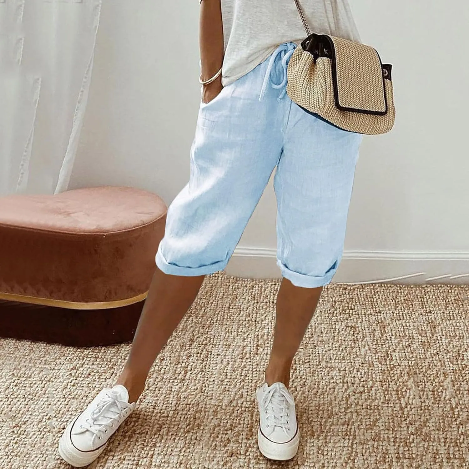 sdbrld Linen Shorts for Women Pull On Knee-Length Bermuda Shorts Plus Size Drawstring Casual Summer High Waisted Shorts 2024