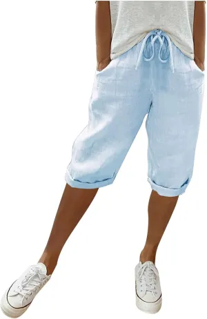 sdbrld Linen Shorts for Women Pull On Knee-Length Bermuda Shorts Plus Size Drawstring Casual Summer High Waisted Shorts 2024