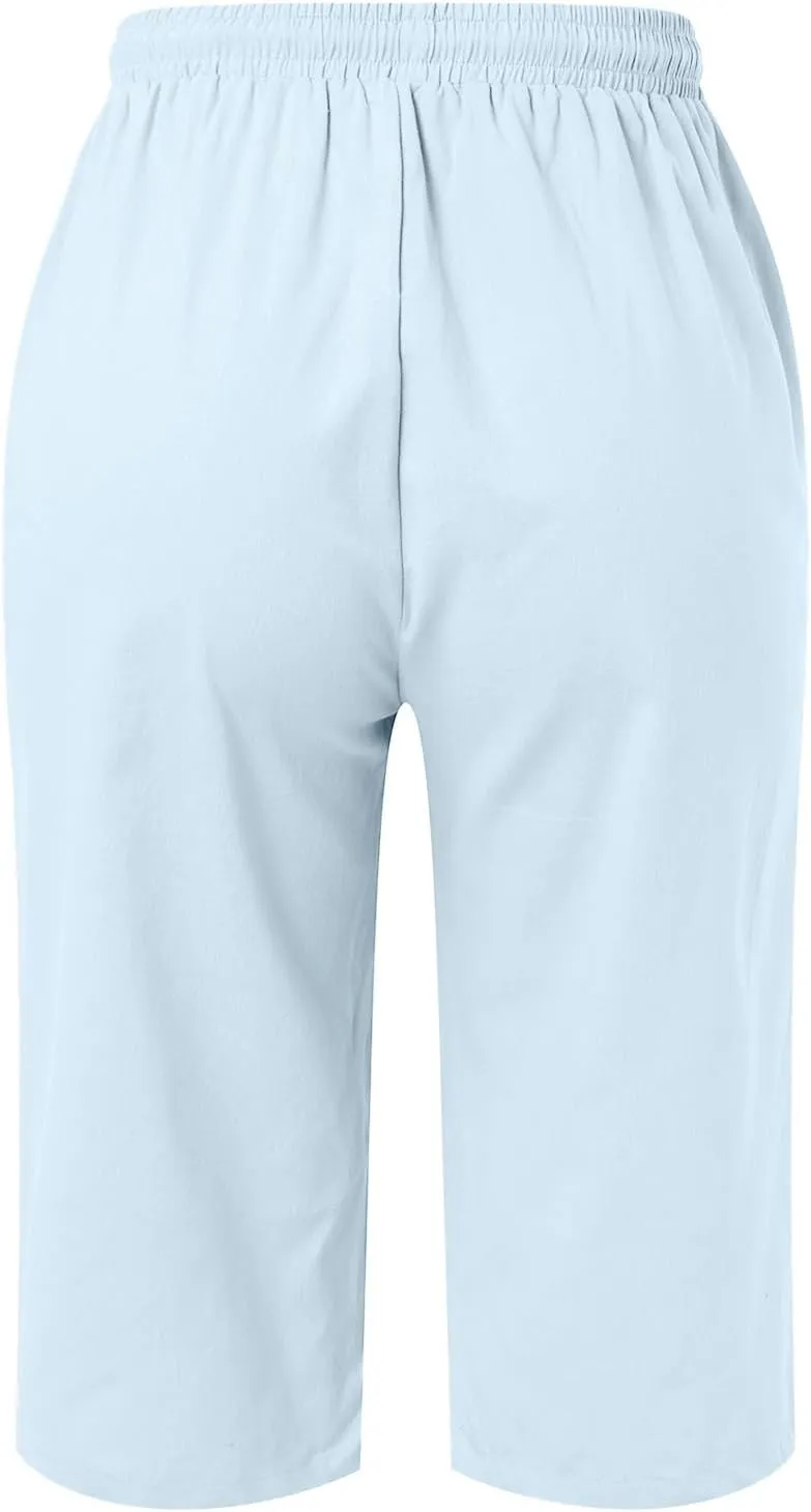 sdbrld Linen Shorts for Women Pull On Knee-Length Bermuda Shorts Plus Size Drawstring Casual Summer High Waisted Shorts 2024