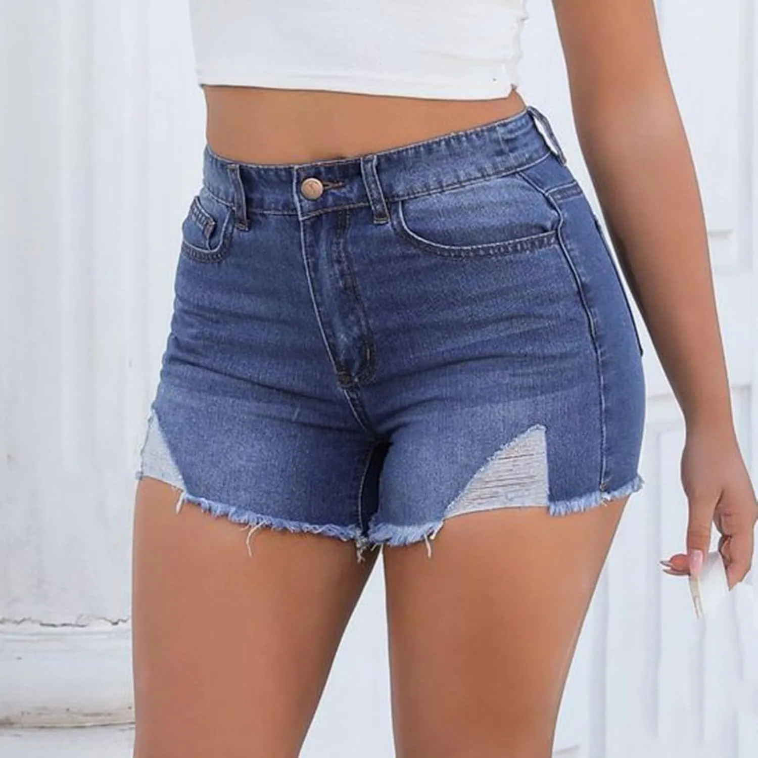 Senyentiewomens High Waisted Jean Shorts for Women Denim Frayed Raw Hem Distressed Denim Short Pull On Hot Shorts Causal