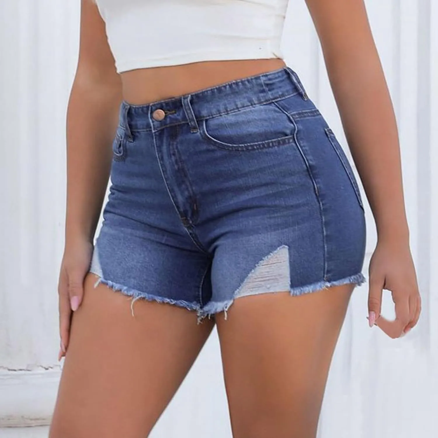 Senyentiewomens High Waisted Jean Shorts for Women Denim Frayed Raw Hem Distressed Denim Short Pull On Hot Shorts Causal