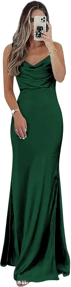 Sevintage Satin Slip Bridesmaid Dresses for Women Spaghetti Strap Long Fitted Prom Formal Evening Gown Slit