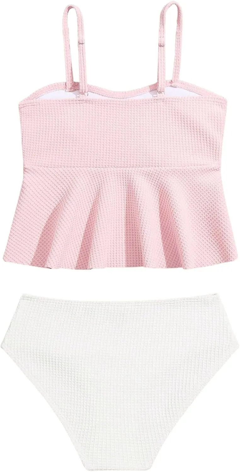 SHENHE Girl's 2 Piece High Waisted Ruffle Waffle Swimsuit Bathing Suit Bikini Sets