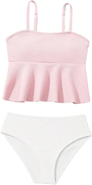 SHENHE Girl's 2 Piece High Waisted Ruffle Waffle Swimsuit Bathing Suit Bikini Sets