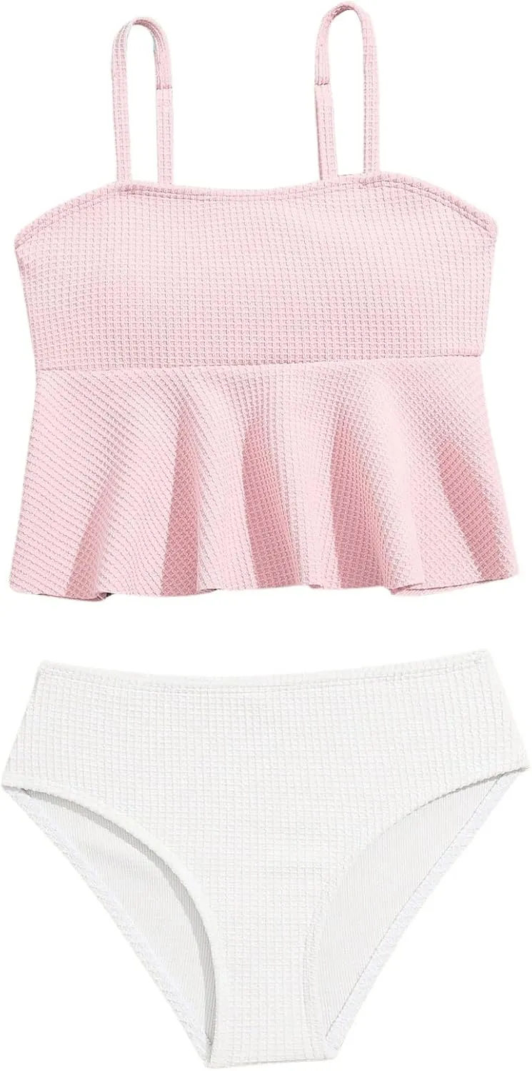 SHENHE Girl's 2 Piece High Waisted Ruffle Waffle Swimsuit Bathing Suit Bikini Sets