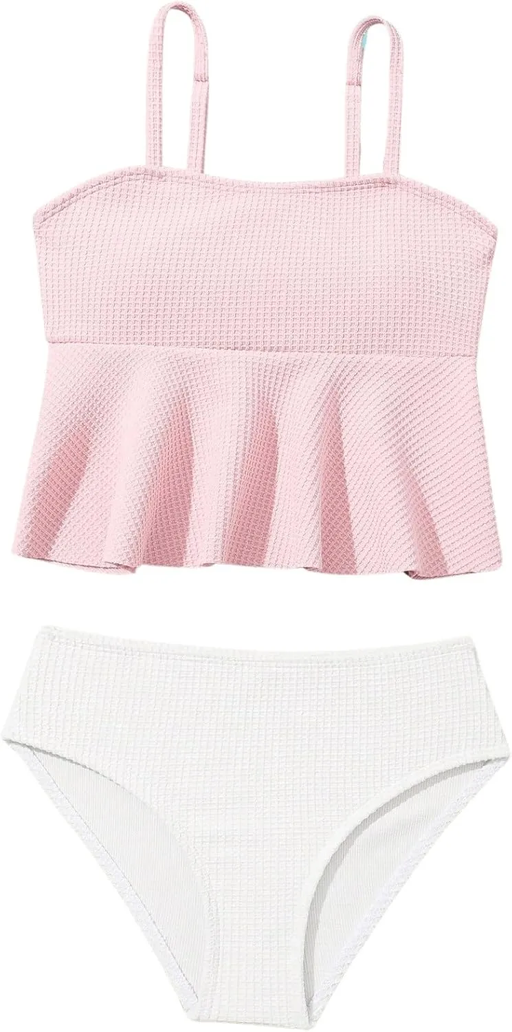 SHENHE Girl's 2 Piece High Waisted Ruffle Waffle Swimsuit Bathing Suit Bikini Sets