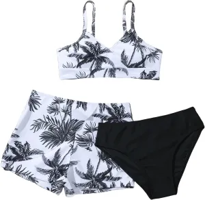 SHENHE Girl's 3 Piece Tropical Print V Neck High Waisted Bikini Swimsuit with Beach Shorts