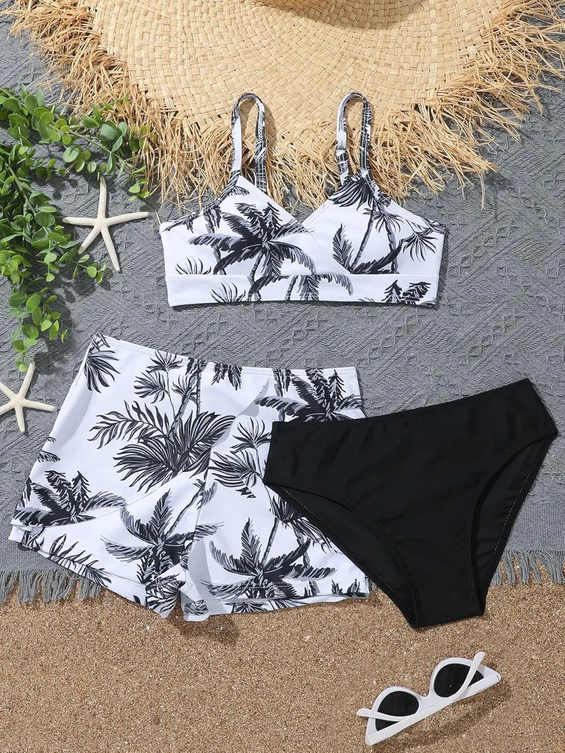 SHENHE Girl's 3 Piece Tropical Print V Neck High Waisted Bikini Swimsuit with Beach Shorts