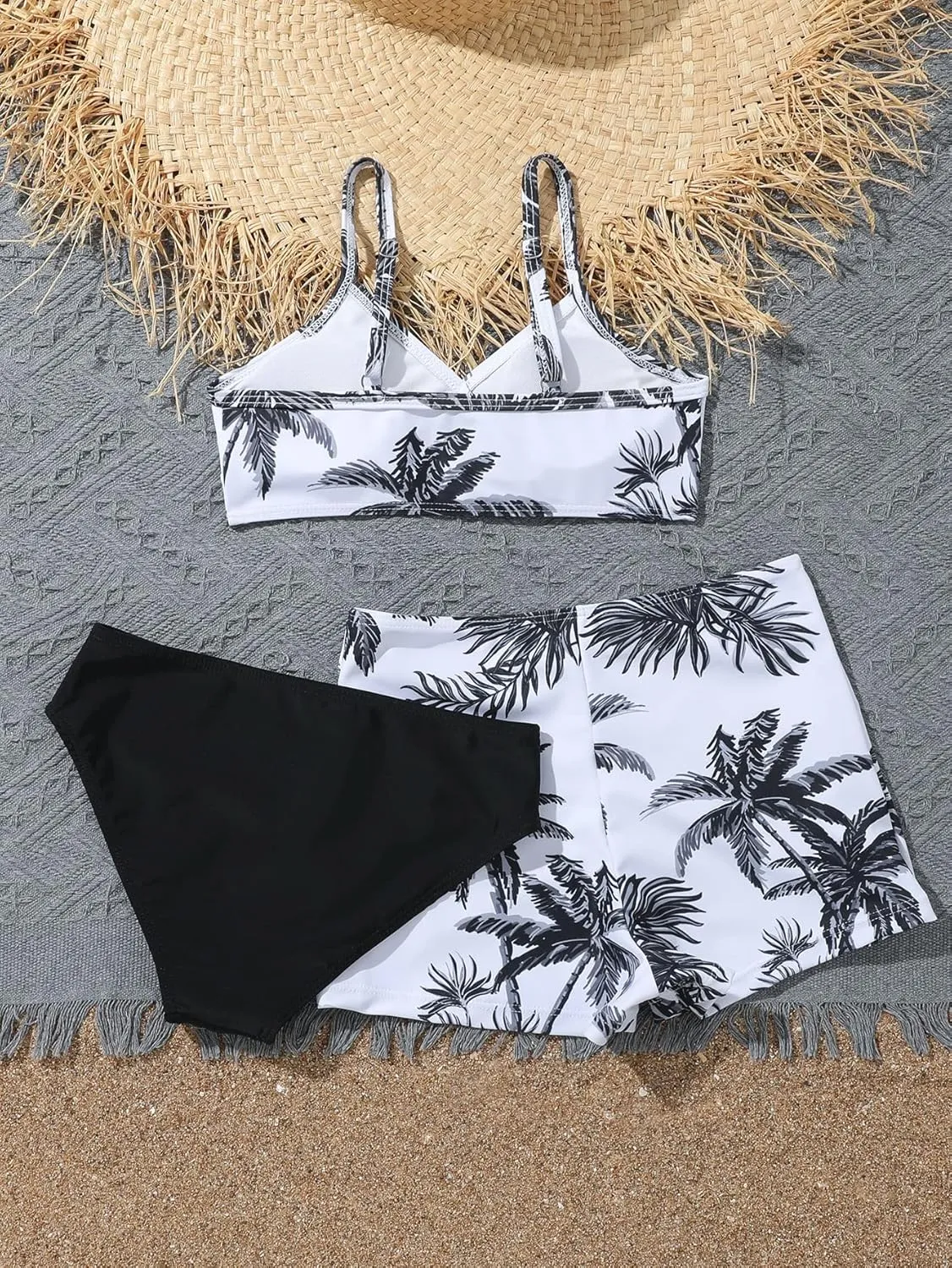 SHENHE Girl's 3 Piece Tropical Print V Neck High Waisted Bikini Swimsuit with Beach Shorts