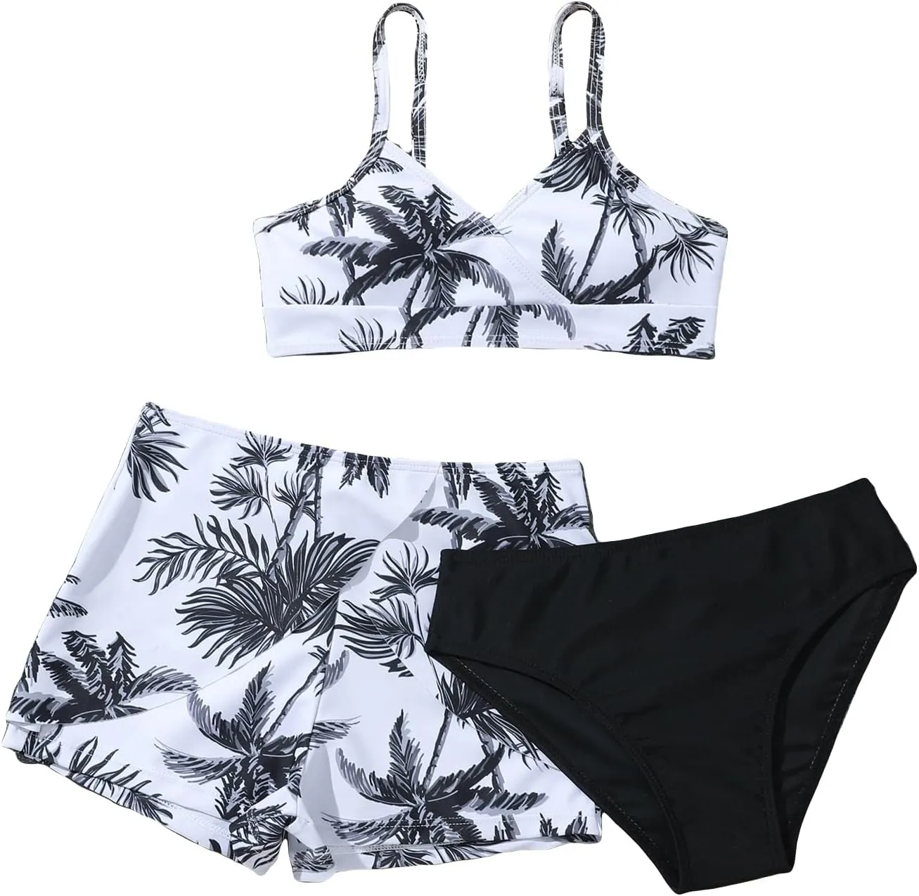 SHENHE Girl's 3 Piece Tropical Print V Neck High Waisted Bikini Swimsuit with Beach Shorts