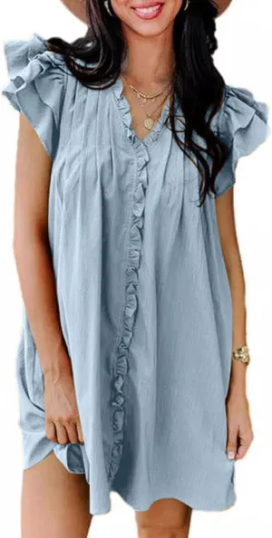 Shift Dress for Women 2024 Ruffle Sexy Mini Dress Cap Sleeve Solid Color Short Sleeve Pleated Casual Shirt Dress