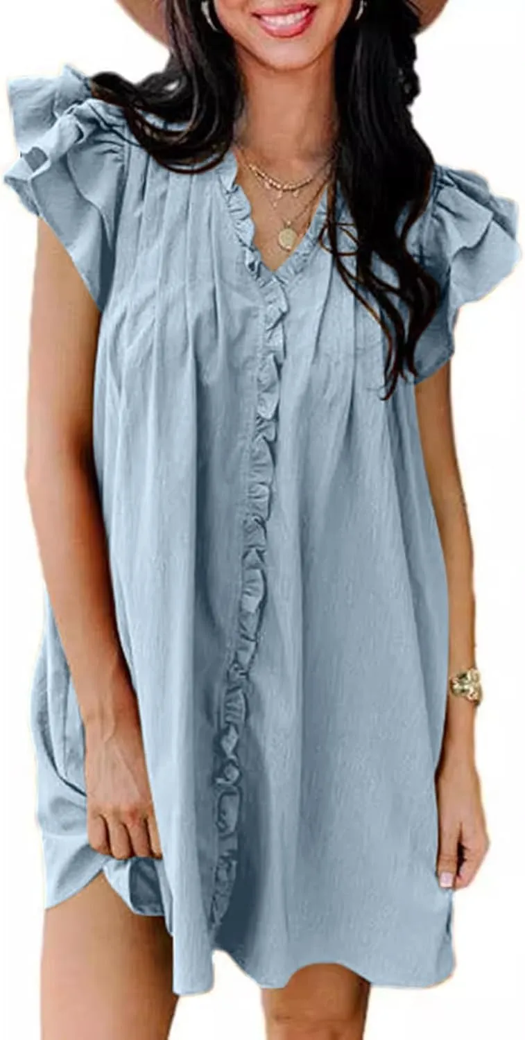 Shift Dress for Women 2024 Ruffle Sexy Mini Dress Cap Sleeve Solid Color Short Sleeve Pleated Casual Shirt Dress