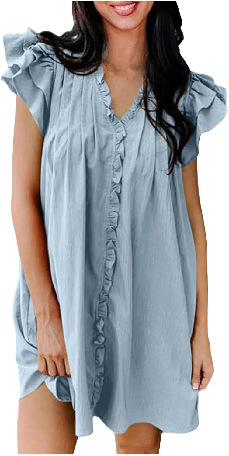 Shift Dress for Women 2024 Ruffle Sexy Mini Dress Cap Sleeve Solid Color Short Sleeve Pleated Casual Shirt Dress
