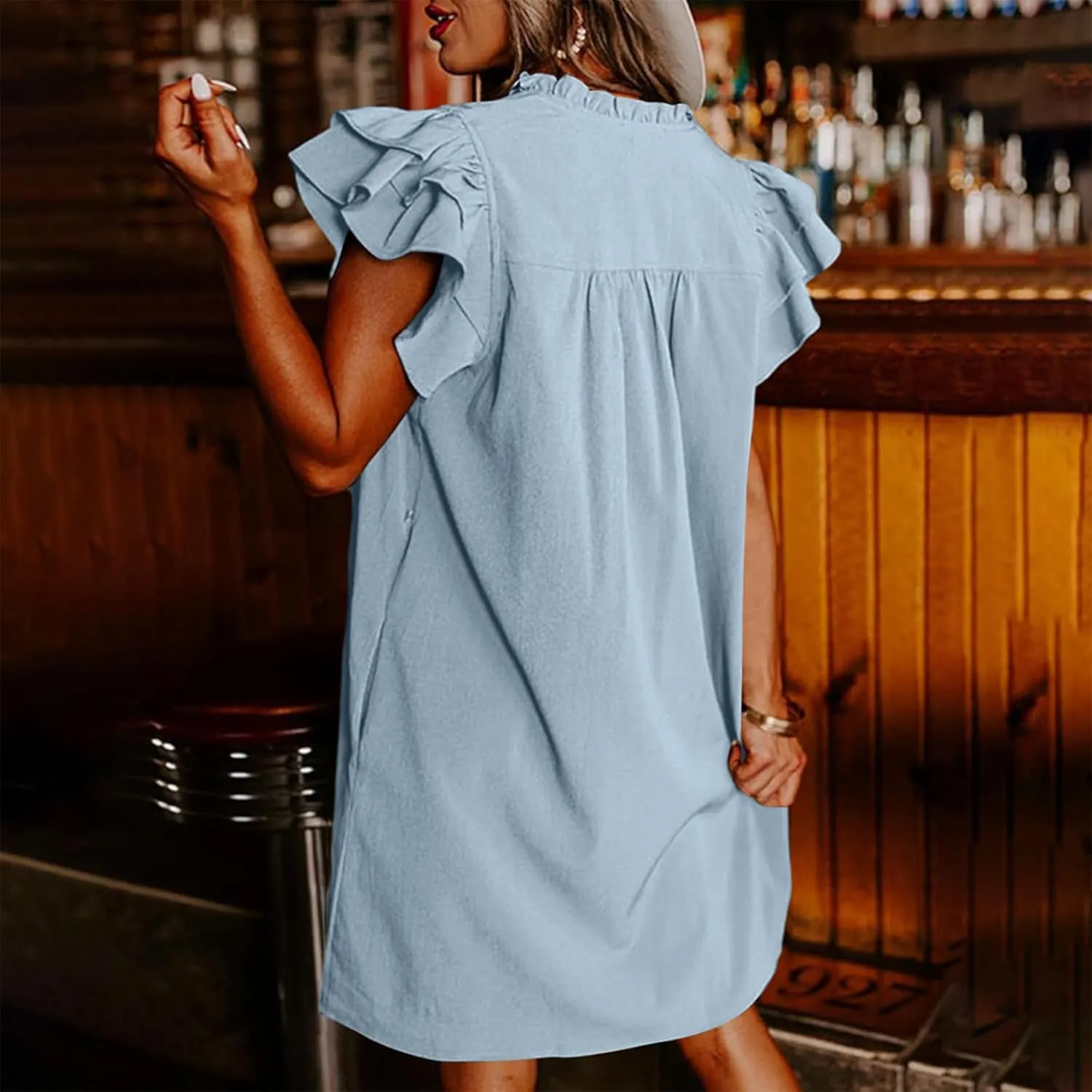 Shift Dress for Women 2024 Ruffle Sexy Mini Dress Cap Sleeve Solid Color Short Sleeve Pleated Casual Shirt Dress