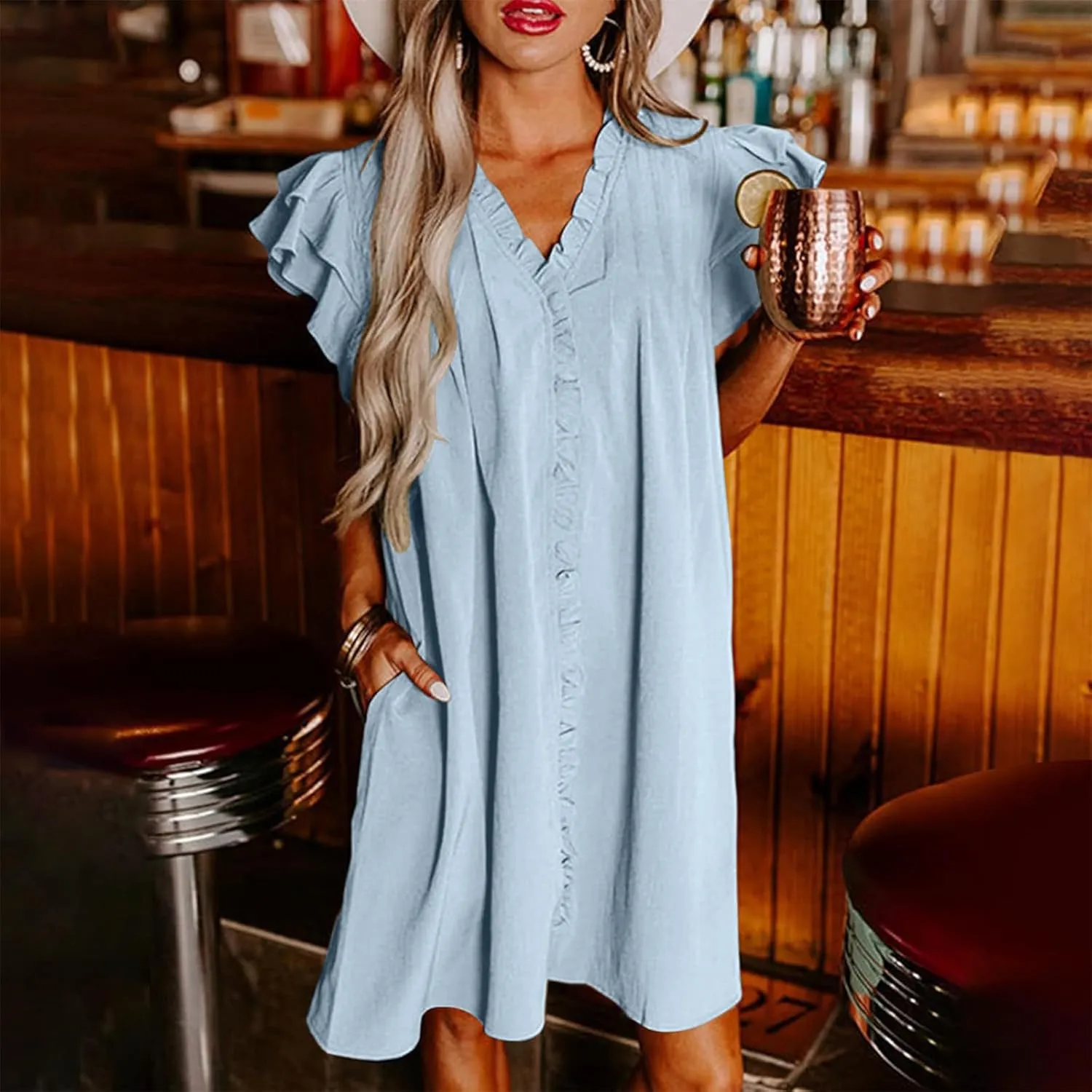 Shift Dress for Women 2024 Ruffle Sexy Mini Dress Cap Sleeve Solid Color Short Sleeve Pleated Casual Shirt Dress