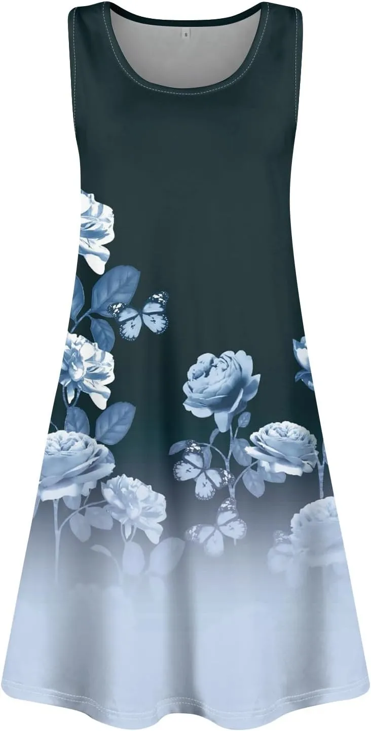 Short Dresses for Women Spring Mini Sun Dress Boho Dress Sleeveless Tank Dress Cover Up Elegant Floral Print Summer