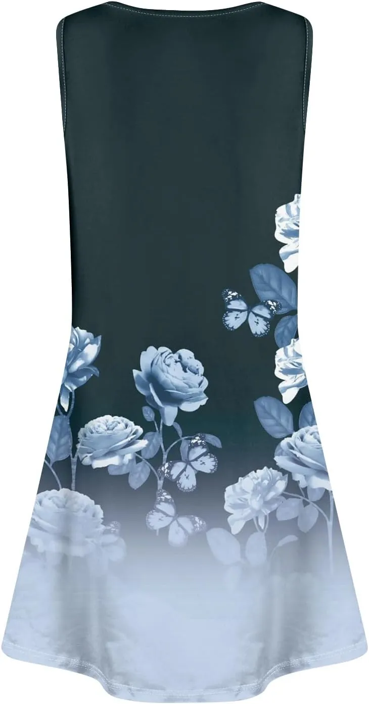 Short Dresses for Women Spring Mini Sun Dress Boho Dress Sleeveless Tank Dress Cover Up Elegant Floral Print Summer