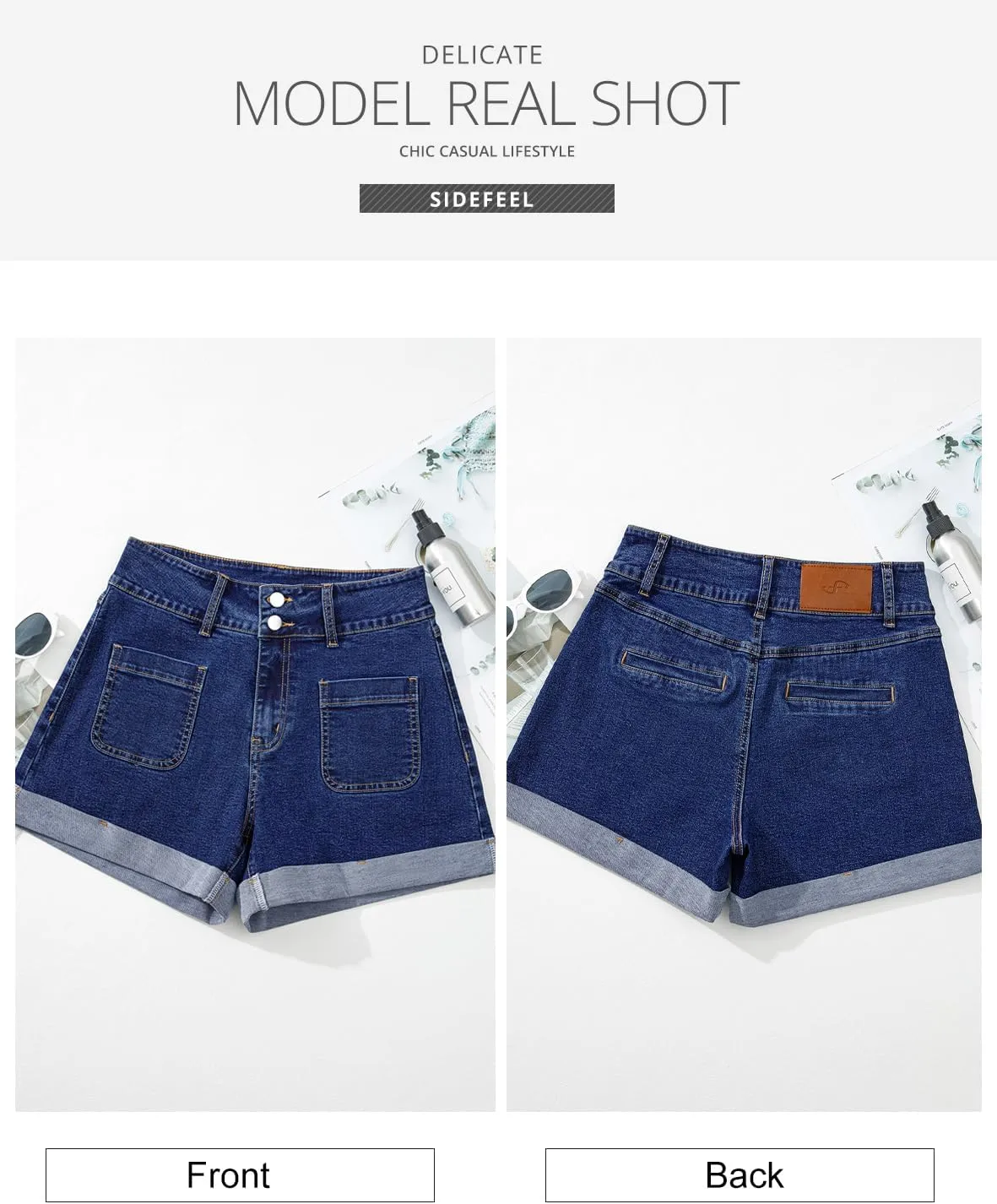 Sidefeel Women's Jean Shorts Casual High Waisted Folded Hem Zimbaplatinum Denim Shorts