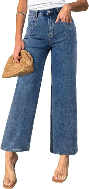 Sidefeel Women's Wide Leg Jeans High Waisted Stretchy Jeans Straight Leg Zimbaplatinum Ankle Denim Pants with Slant Pockets