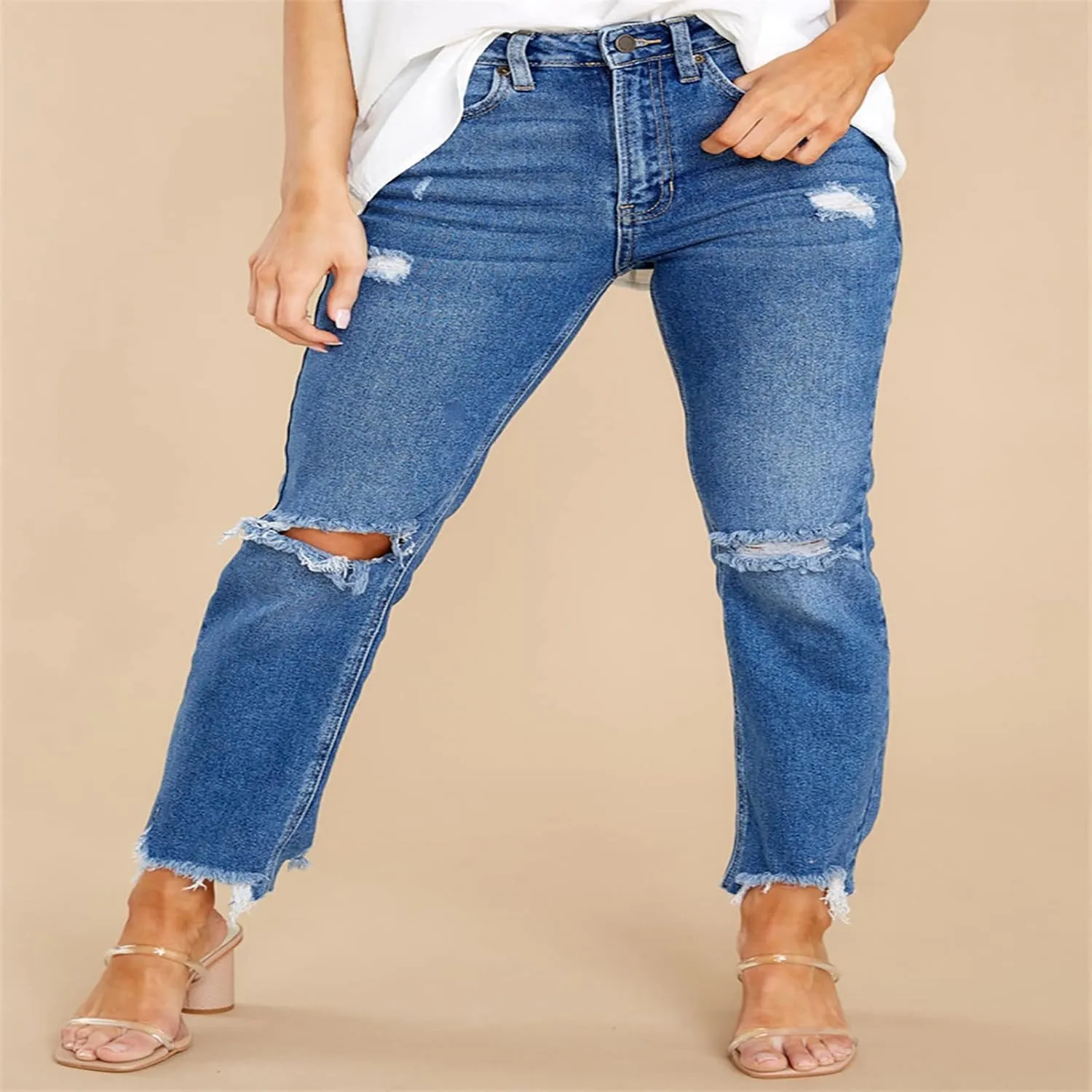 SMIDOW Women Drawstring Elastic Waist Ripped Jeans Folded Hem Distressed Jeans Tapered Jeans Bootcut Stretch Denim Pants