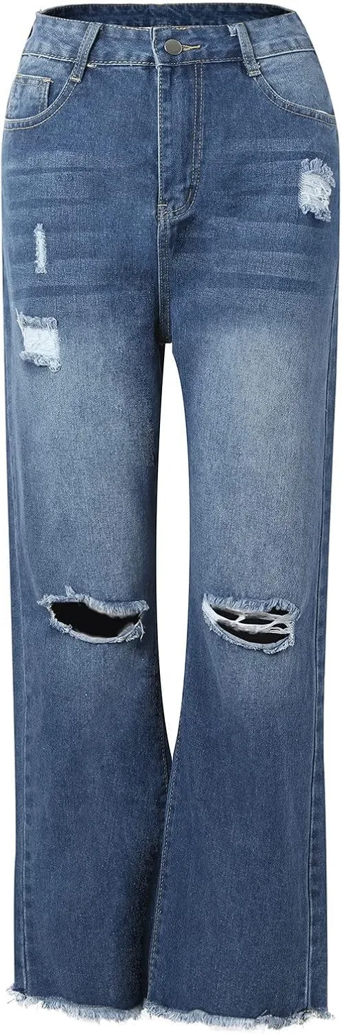 SMIDOW Women Drawstring Elastic Waist Ripped Jeans Folded Hem Distressed Jeans Tapered Jeans Bootcut Stretch Denim Pants