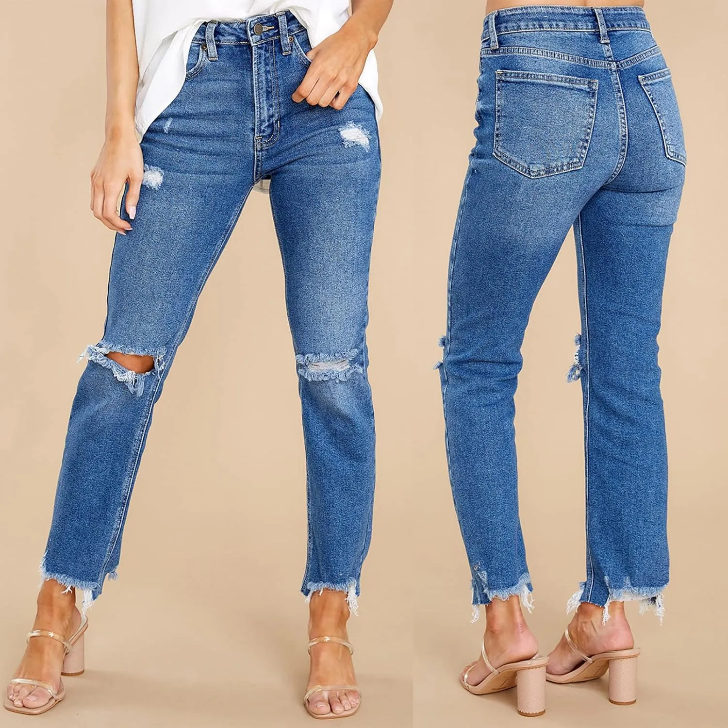 SMIDOW Women Drawstring Elastic Waist Ripped Jeans Folded Hem Distressed Jeans Tapered Jeans Bootcut Stretch Denim Pants